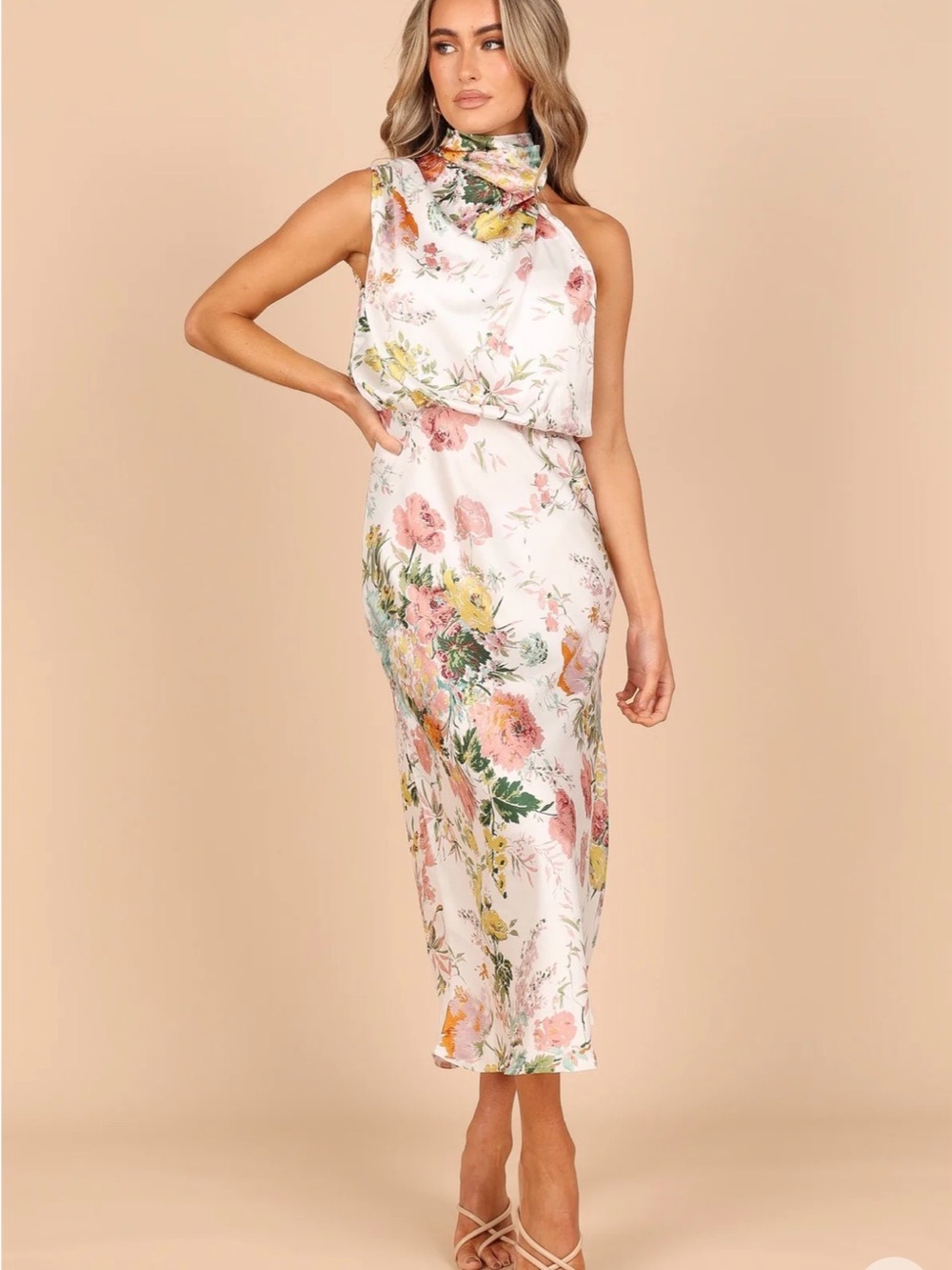 Petal & Pup White Floral High-Neck Satin Midi Dress